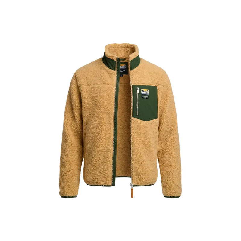 Superdry Gelbes Herren-Fleece-Sweatshirt mit durchgehendem Reißverschluss in Hellbraun mit dunkelgrünen Akzenten am Kragenreißverschluss und an der Brusttasche