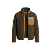 Superdry Herren-Fleecejacke in Olivgrün mit beigen Akzenten und Markenlogo auf der Brust, durchgehender Reißverschluss