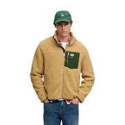 Superdry Gelbes Herren-Fleece-Sweatshirt mit durchgehendem Reißverschluss, beigefarbenem Shearling-Fleece, dunkelgrüner Brusttasche und Reißverschlussanhänger