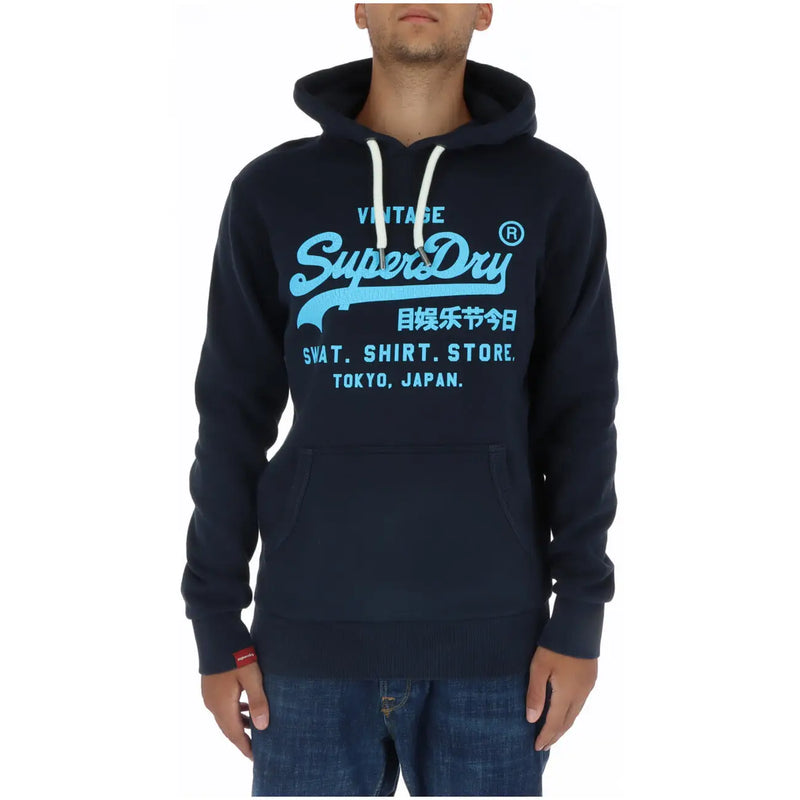 Navy blue Superdry men’s printed sweatshirt with light blue vintage logo, white drawstrings, and front pockets