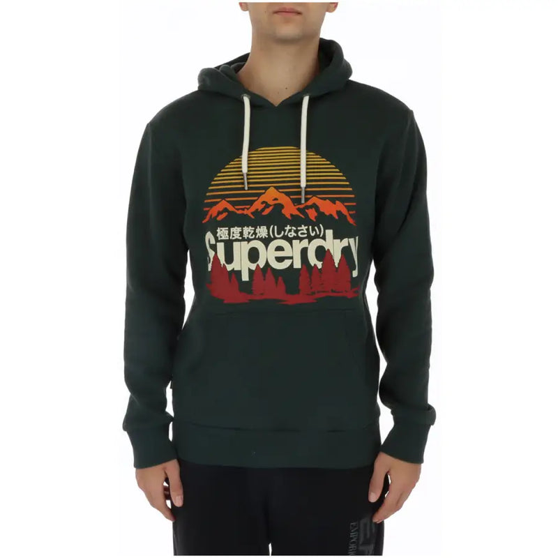 Superdry men’s green hooded sweatshirt with retro sunset mountain graphic white drawstrings and front pockets
