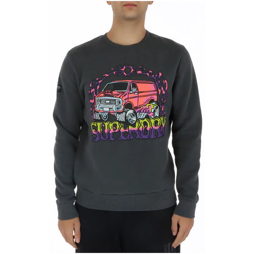 Dark gray crewneck sweatshirt with a vibrant psychedelic pink van graphic and rainbow superdry lettering