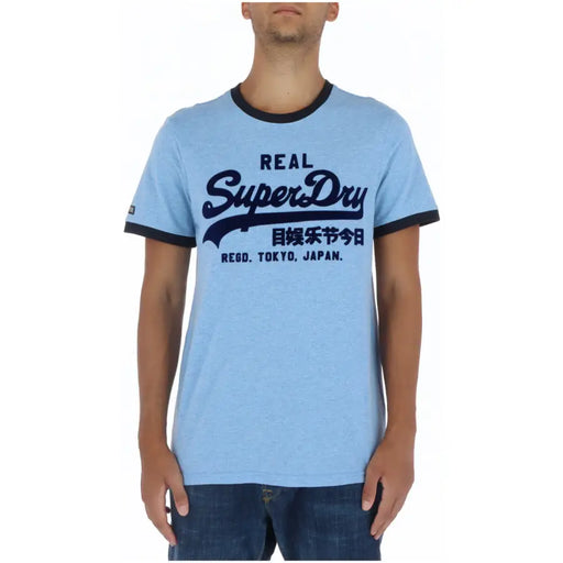 Superdry men’s light blue heathered cotton t-shirt with navy ringer trim and dark blue printed logo graphic