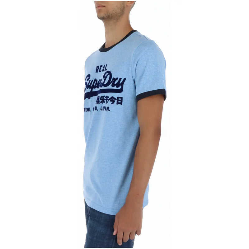 Superdry men’s light blue cotton t-shirt with navy ringer trim and bold superdry logo printed across the chest