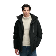 Superdry parka City for men in black with hood and front zipper closure, front view