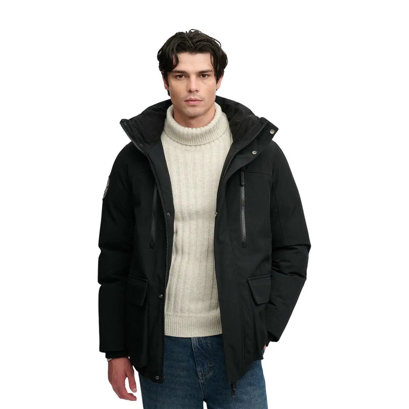 Superdry parka City for men in black with hood and front zipper closure, front view