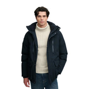 Superdry parka city for men in black with hood front zipper and side pockets front view