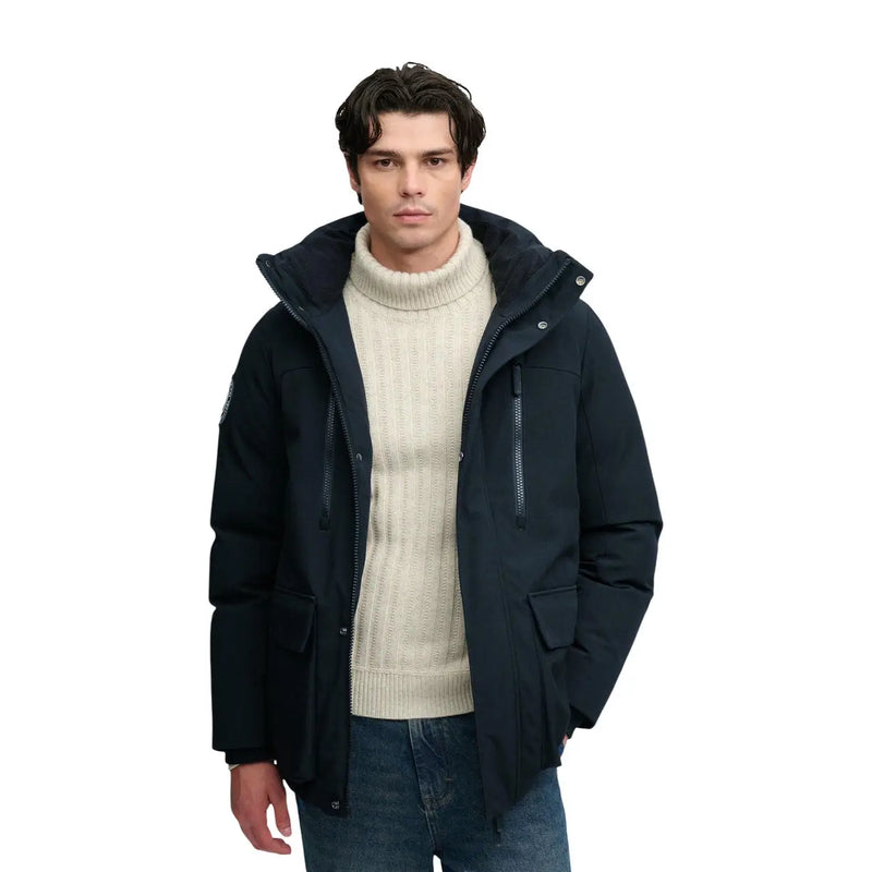 Superdry parka city for men in black with hood front zipper and side pockets front view
