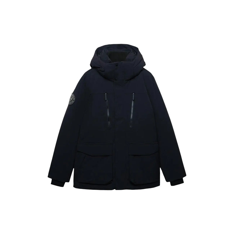 Superdry parka city for men in black with two front zipper pockets and circular logo patch on left sleeve front view