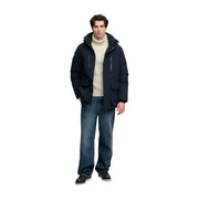 Superdry parka City for men in navy blue with hood and front zipper pockets, front view