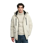 Superdry parka City for women in cream with black zipper pulls and hood front and side view
