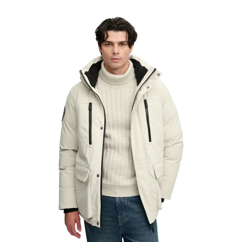Superdry parka City for women in cream with black zipper pulls and hood front and side view