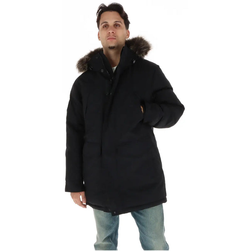 Superdry Schwarze Steppjacke für Damen mit pelzgefütterter Kapuze und Frontreißverschluss, Vorderansicht