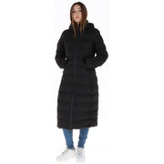 Superdry Doudoune noire pour femme avec capuche matelassée et fermeture éclair sur le devant, vue de face