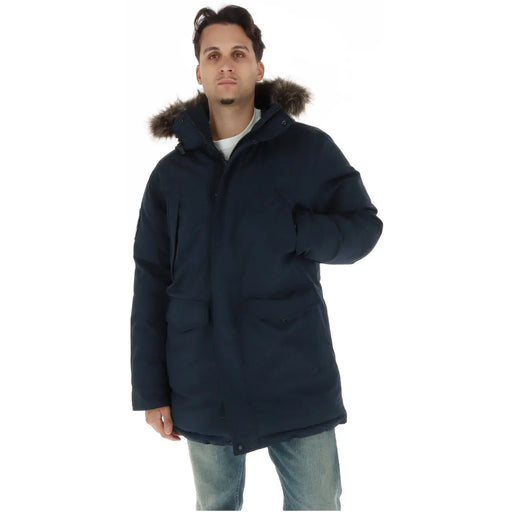 Superdry Steppjacke für Herren in Marineblau mit pelzgefütterter Kapuze und Frontreißverschluss, Vorderansicht
