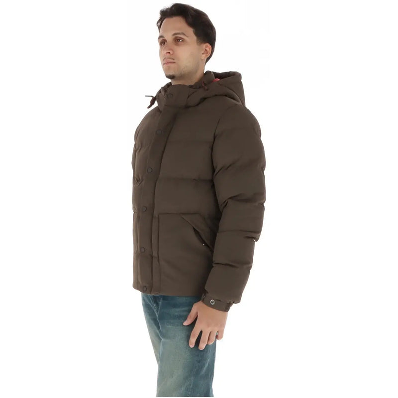Superdry Steppjacke für Herren aus dunkelbraunem Steppstoff mit Kapuze und Knopfleiste vorne, Vorderansicht