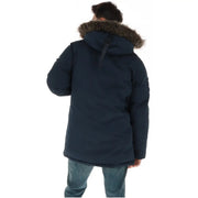 Superdry Steppjacke für Herren in Dunkelblau mit pelzgefütterter Kapuze und dezentem Ärmellogo, Vorderansicht