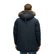 Superdry Steppjacke Everest für Herren in Dunkelblau mit braun gefütterter Kapuze und schwarzem Riemen, Vorderansicht