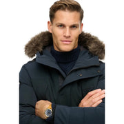 Superdry Steppjacke Everest für Herren in Marineblau mit braun gefütterter Kapuze, Vorderansicht
