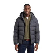 Superdry Steppjacke für Herren aus dunkelgrauem Stoff mit Kapuze und Frontreißverschluss, Vorderansicht