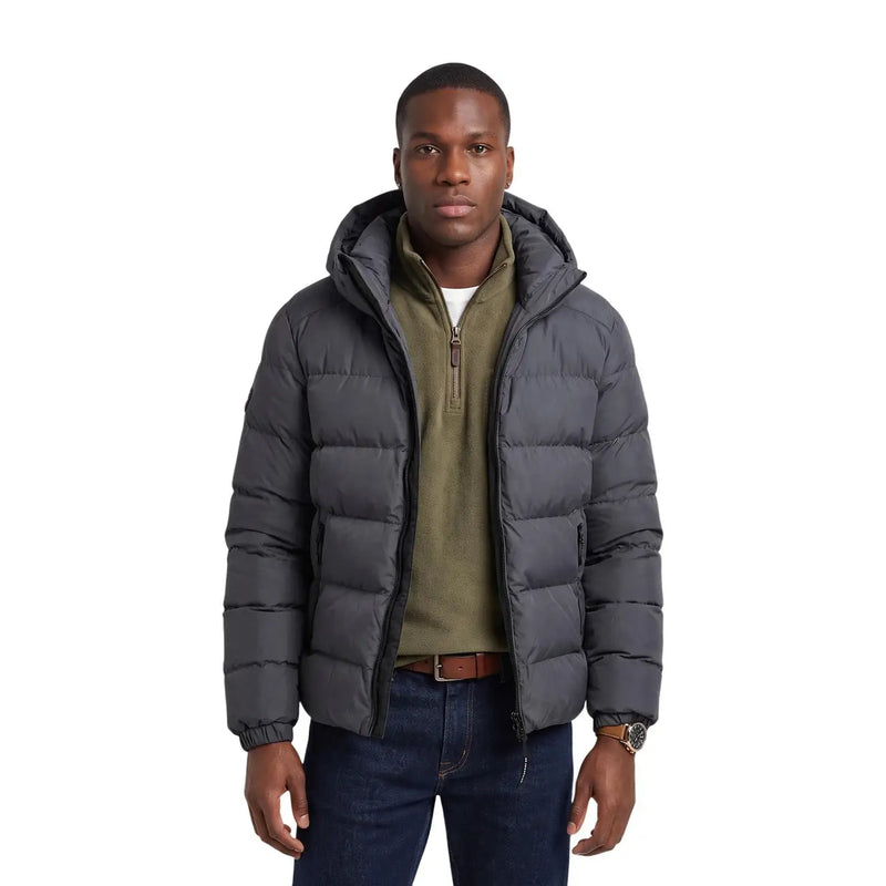 Superdry Steppjacke für Herren aus dunkelgrauem Stoff mit Kapuze und Frontreißverschluss, Vorderansicht