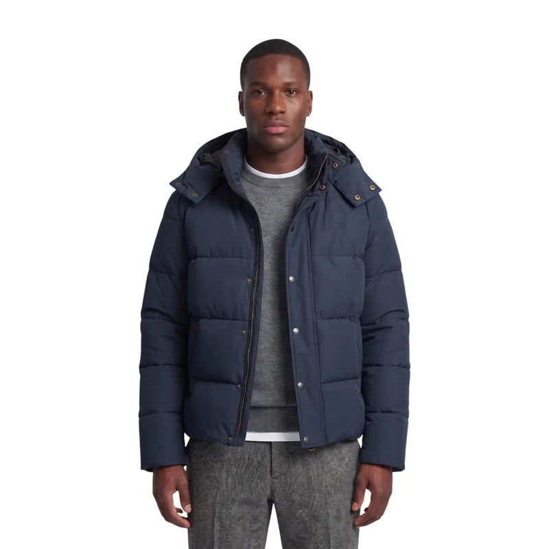 Superdry puffer jacket Premium Hood for men in navy blue with quilted texture and silver buttons, front view