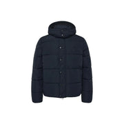 Superdry puffer jacket premium hood for men in dark navy with quilted panels and hood, front view