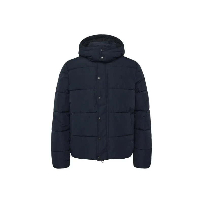 Superdry puffer jacket premium hood for men in dark navy with quilted panels and hood, front view