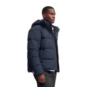 Superdry puffer jacket Premium Hood for men in navy blue with quilted design and front zipper, front view