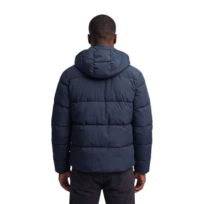 Superdry puffer jacket premium hood for men in navy blue with quilted hood and front zipper, front view