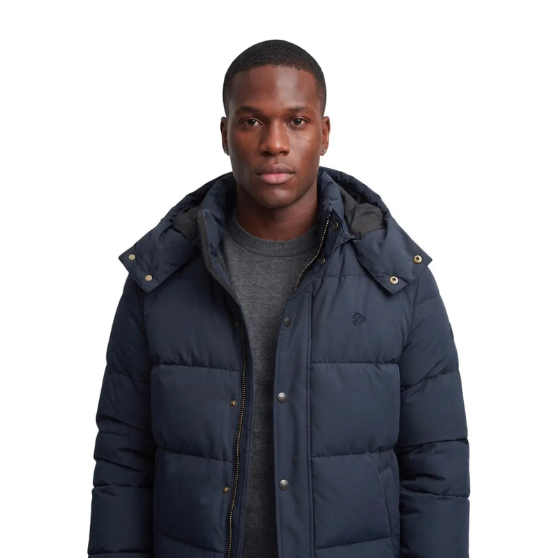 Superdry puffer jacket premium hood for men in navy blue with quilted design and silver buttons, front view