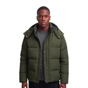 Superdry puffer jacket premium hood for men in olive green quilted fabric with silver hardware, front view