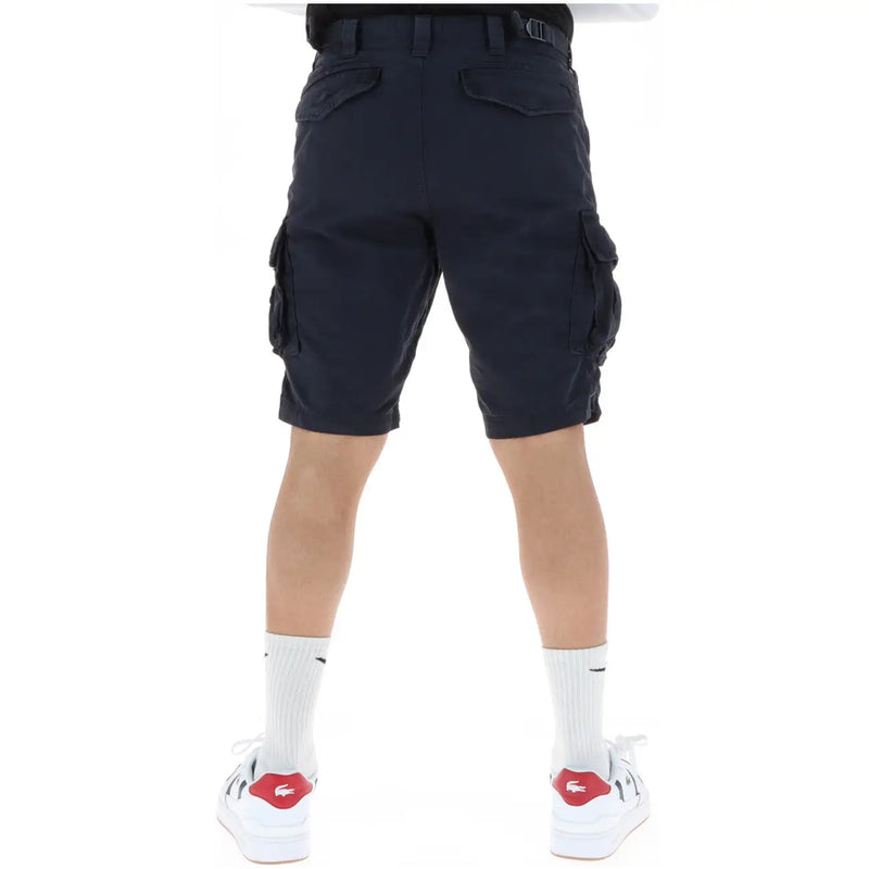 Superdry shorts for men in dark navy with multiple cargo pockets and belt loop, front view