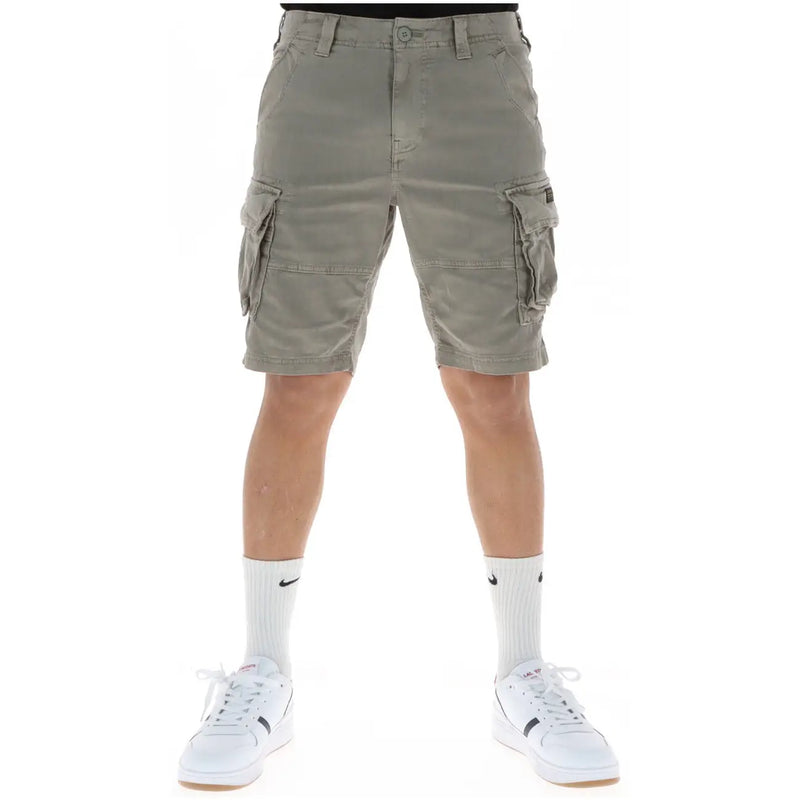 Superdry shorts for men in khaki with multiple cargo pockets and button closure, front view