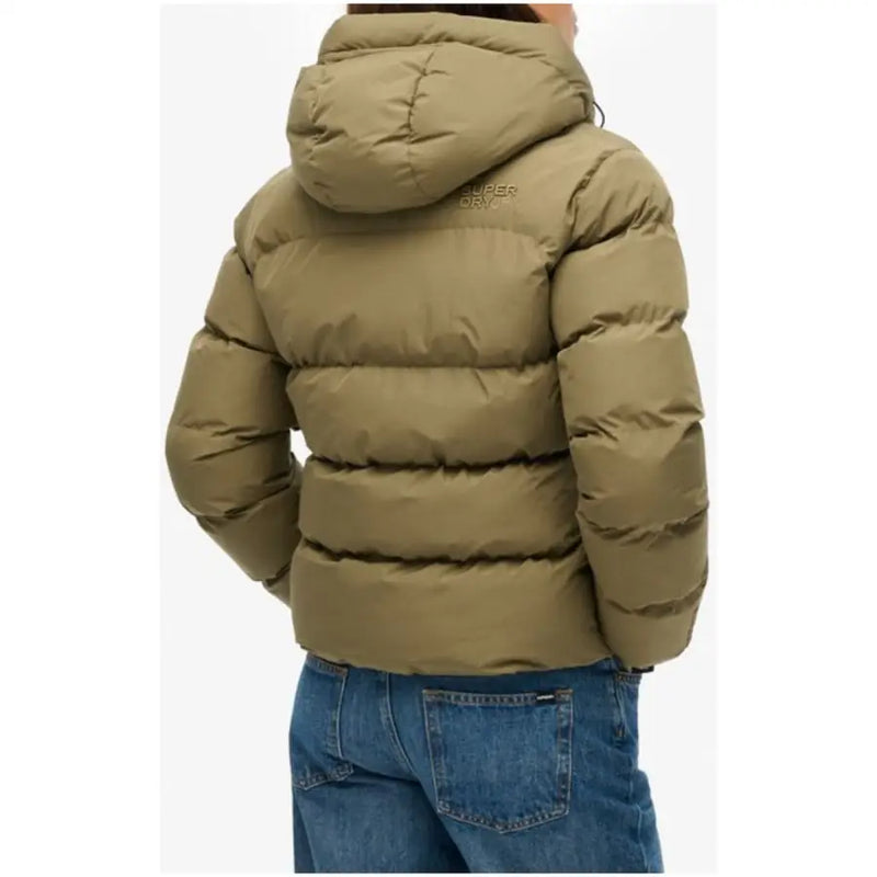 Rückansicht von Superdry grüne Damen-Steppjacke aus Polyester mit Kapuze