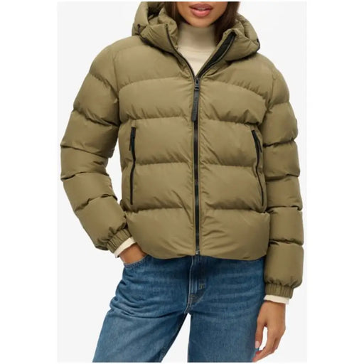 Superdry women green hooded polyester puffer jacket with black zipper accents and elastic cuffs