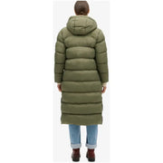 Superdry women green olive quilted down coat with hood and long length zip jacket for cold weather