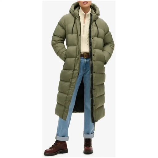 Superdry women green hooded zip jacket olive green quilted puffer coat with hood and black zipper accents