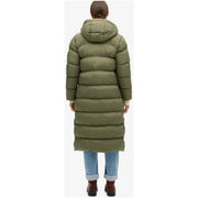 Superdry women green olive quilted down coat with hood and long length zip jacket for cold weather