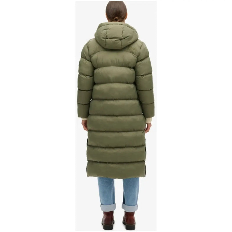 Superdry women green olive quilted down coat with hood and long length zip jacket for cold weather