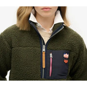 Superdry women knitwear olive green fleece jacket with navy blue zipper and pocket accents fall winter zip front