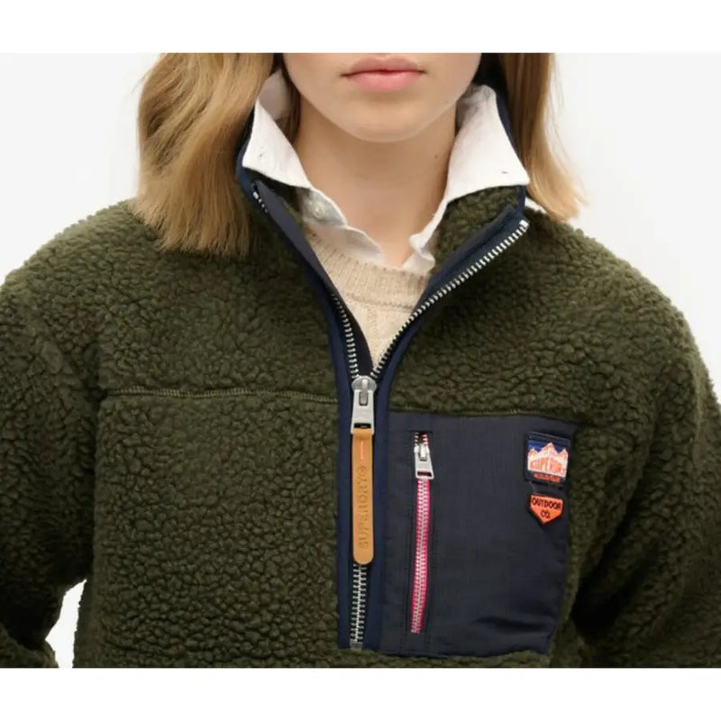 Superdry women knitwear olive green fleece jacket with navy blue zipper and pocket accents fall winter zip front