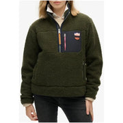 Superdry women knitwear olive green fleece half-zip jacket with navy chest pocket and contrasting zipper pulls for fall winter