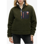 Superdry women knitwear olive green fleece half-zip jacket with navy chest pocket and contrasting zipper pulls for fall winter