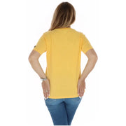 A vibrant yellow Superdry women short-sleeved crew neck t-shirt with subtle stitching from the fall winter collection