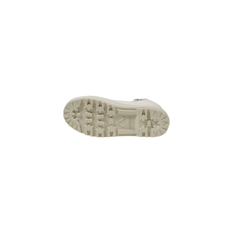 Cream-colored rubber sole with rugged tread and embossed Superga logo on beige fabric women platform sneakers