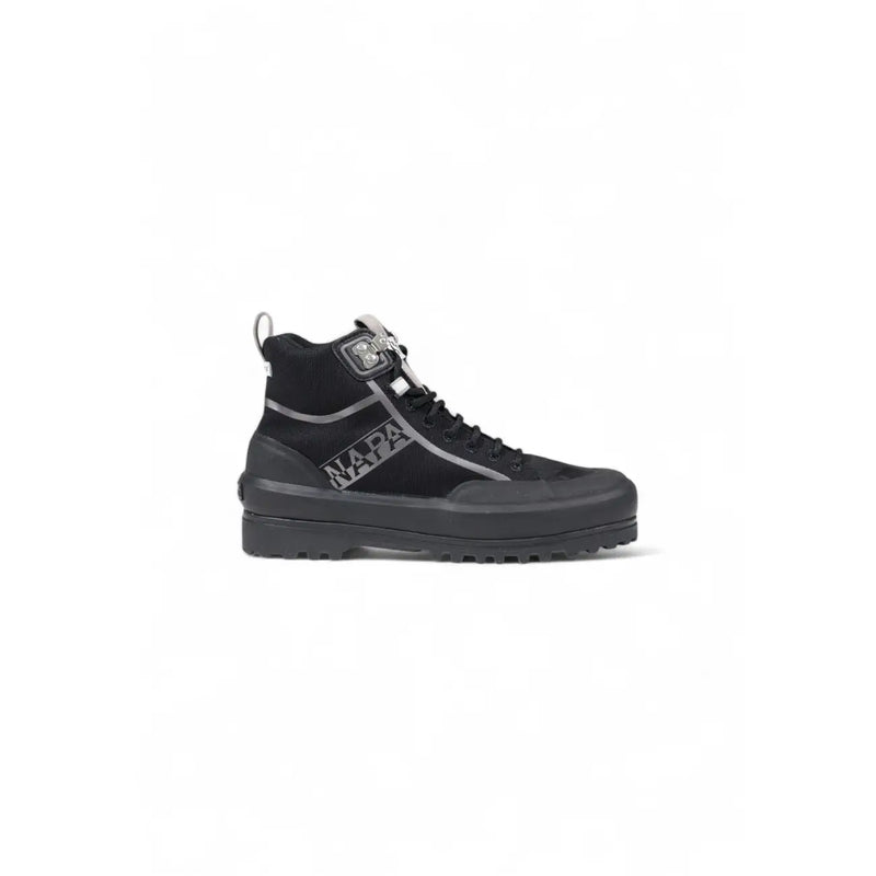 Black napa high-top superga women platform sneaker with gray accents and chunky rubber sole in black fabric