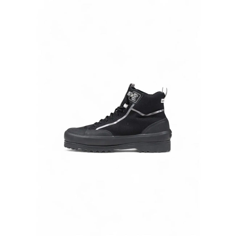 Superga women platform sneakers in black fabric with black high-top design silver accents and chunky rubber sole