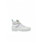 White Superga women platform high-top fabric sneaker with chunky sole silver branding and green heel tab accents back view