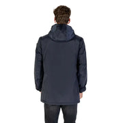 Men’s navy blue hooded parka jacket displayed with a Tailored Cotton Blend Blazer